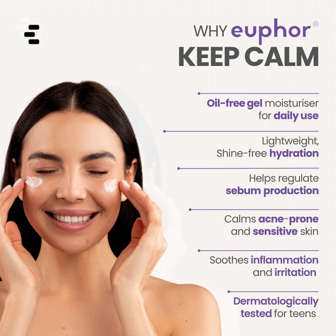 Euphor Teens | Oil-free Gel Moisturizer- KEEP CALM | Controls Acne | Light Weight Hydration for Oily and Acne-prone Skin | Witch Hazel Extract, Niacinamide, Green Tea | PEG-free, Paraben-free, Sulphate-free | 50g | For Women and Men
