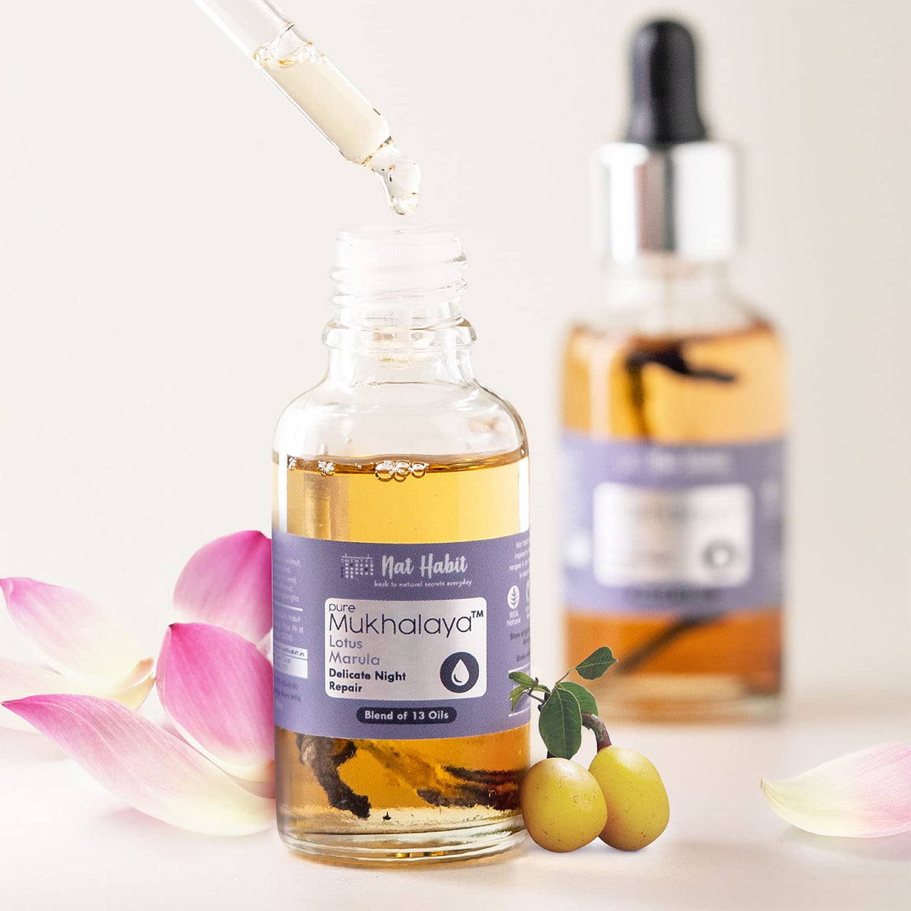 Nat Habit Lotus Marula Mukhalaya, Face Oil For Slow, Relaxed Night Healing & Repair, with Blend of 13 Cold Pressed Oils For Natural Face Care, No Mineral oil or Chemical (30ml)