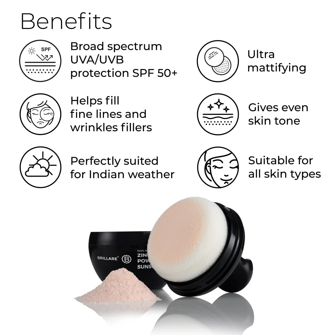 Brillare Zinc Powder Sunscreen SPF50 - Broad Spectrum Protection, Sweat Resistant Powder, Invisible Finish, Non-Greasy Formula - Skin-friendly Mineral Sunscreen for Daily Use