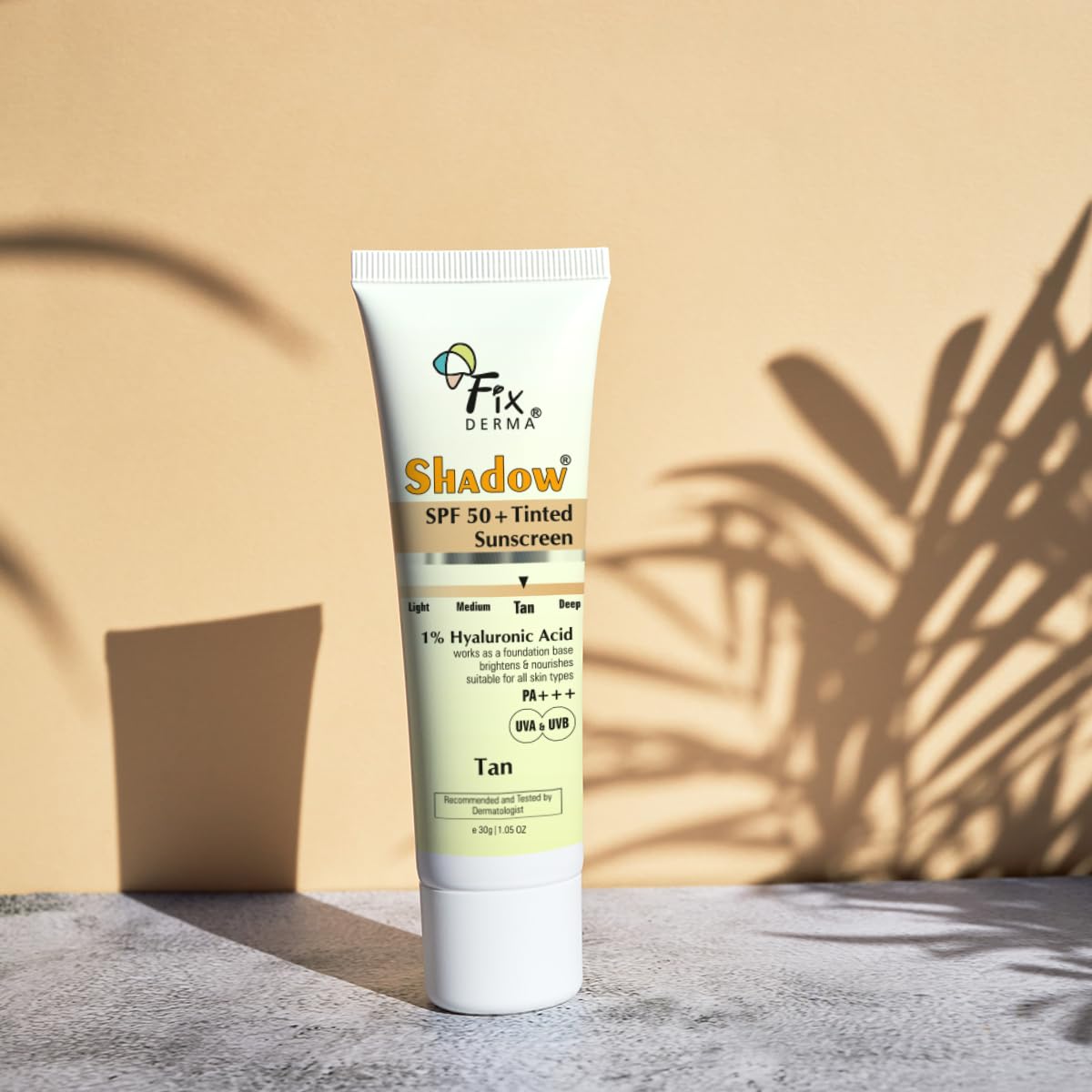 Fixderma Shadow Tinted Sunscreen Tan SPF 50 PA+++ | 1% Hyaluronic Acid & Vitamin E | Brightens & Nourishes the Skin | UVA & UVB Protection | Lightweight | No White Cast | For All Skin Types - 30gm