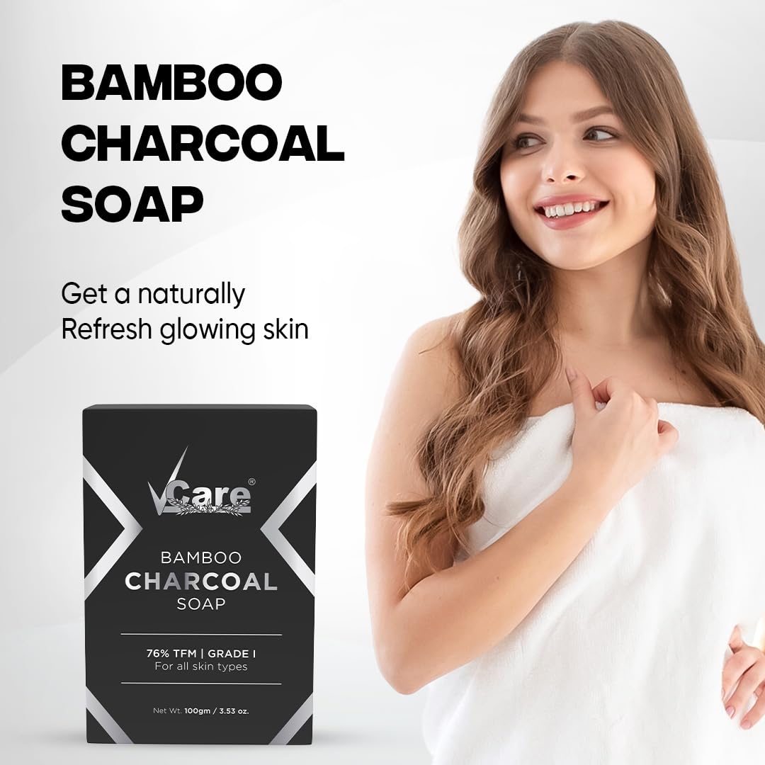 VCare Bamboo Charcoal Soap for Men and Women|76% TFM Grade 1 Skin Protection, Deep Cleansing and Detoxifies Bathing Soap Bar - 100gm Buy 3 Get 1 Free