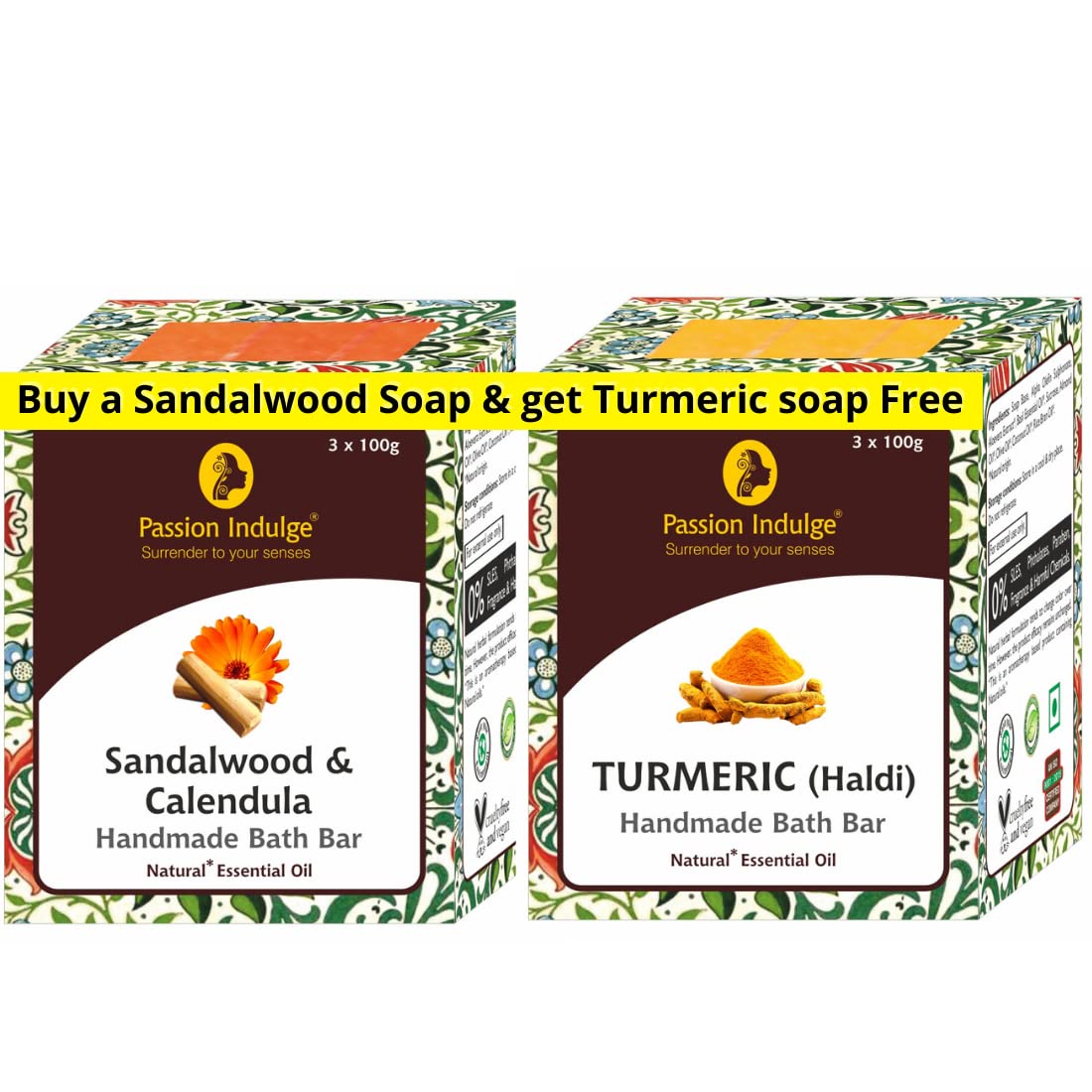 Passion Indulge Handmade Bath Bar Ayurvedic Soap Sandalwood and Turmeric Combo Pack For All Men & Women | Essential Oil | Vegan | All Skin Type (Pack OF 6)
