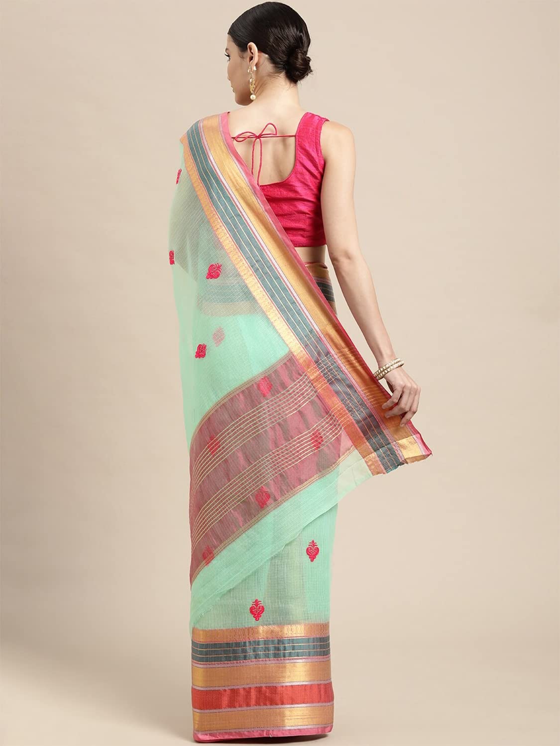 leeza store Women's  Jacquard Dobby Butta Butti Rich Kota Doria Cotton Silk Saree With Blouse Piece Green