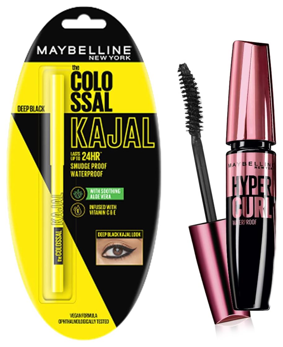 Maybelline New York Colossal Kajal Pencil, Black, 0.35G And New York Hypercurl Mascara Waterproof, Black, 9.2Ml Matte Finish