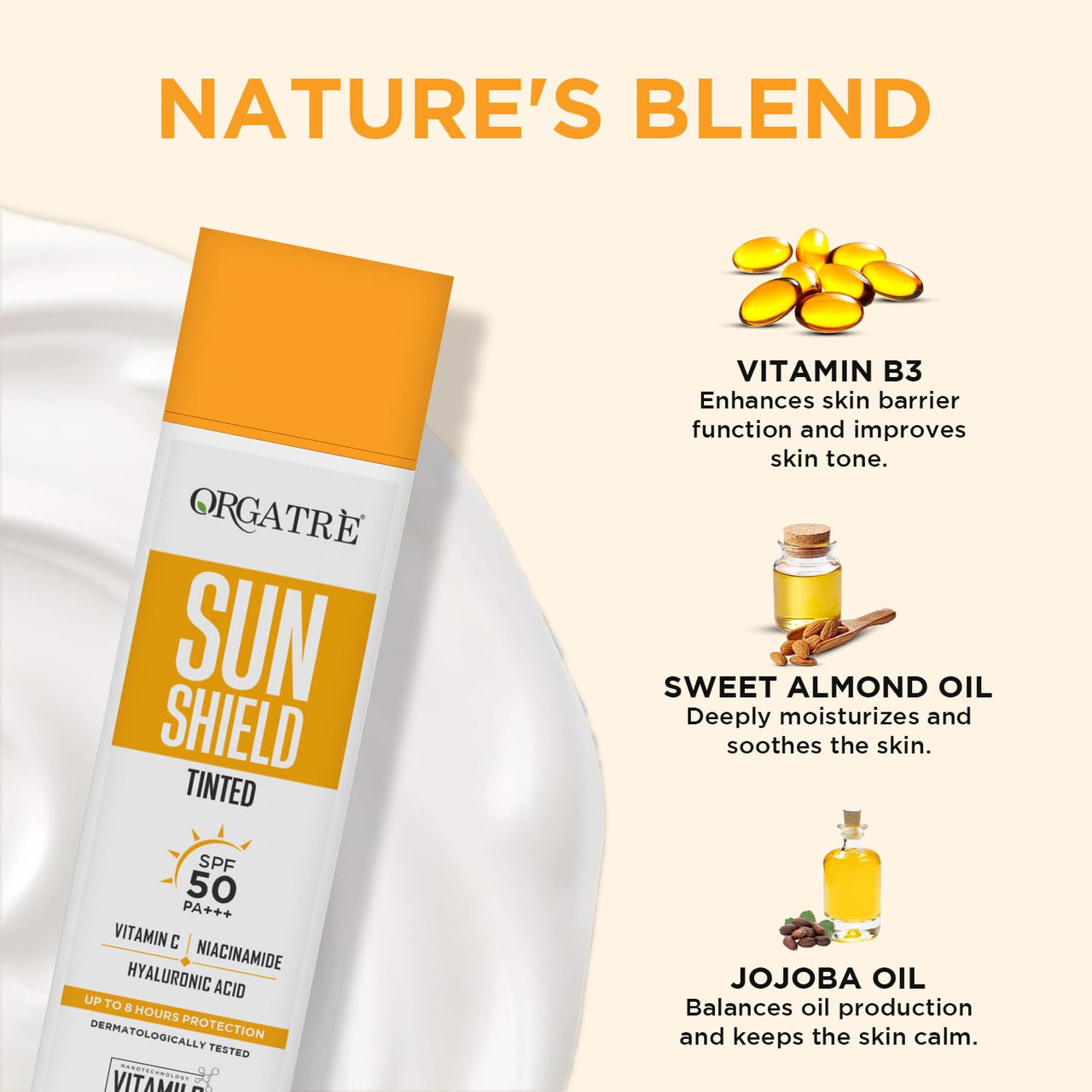 Orgatre Vitamin C Bright Face Sunscreen SPF 50 PA++++ Tinted for Oily & Dry Skin | Lightweight, No White Cast | With Niacinamide & Hyaluronic Acid | UVA/UVB Defense | Water Resistant, Non-Greasy | 100gm