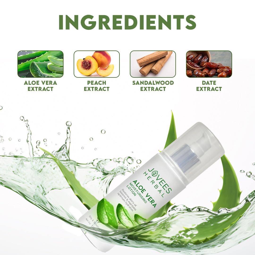 Jovees Herbal Aloe Vera Moisturising Lotion |With Sandal And Peach Extract |Nousishes, Heals and Hydrates Skin | For Oily And Sensitive Skin | Alcohol And Paraben Free |, 200ml
