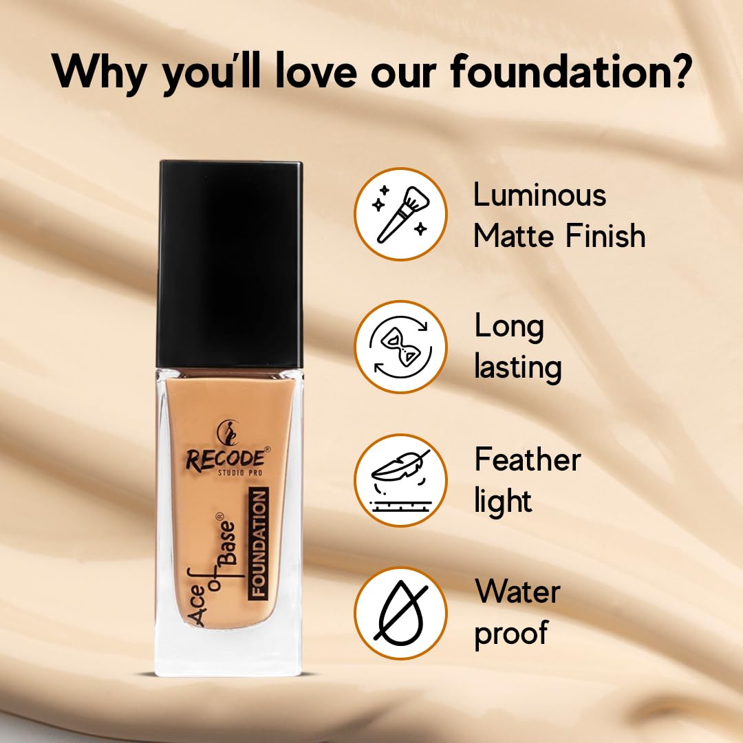 Recode Ace of Base Foundation 30ml | Shade 04 - Lodhiana | Luminious Matte Finish | Lightweight | Long-Lasting | Waterproof | High Coverage