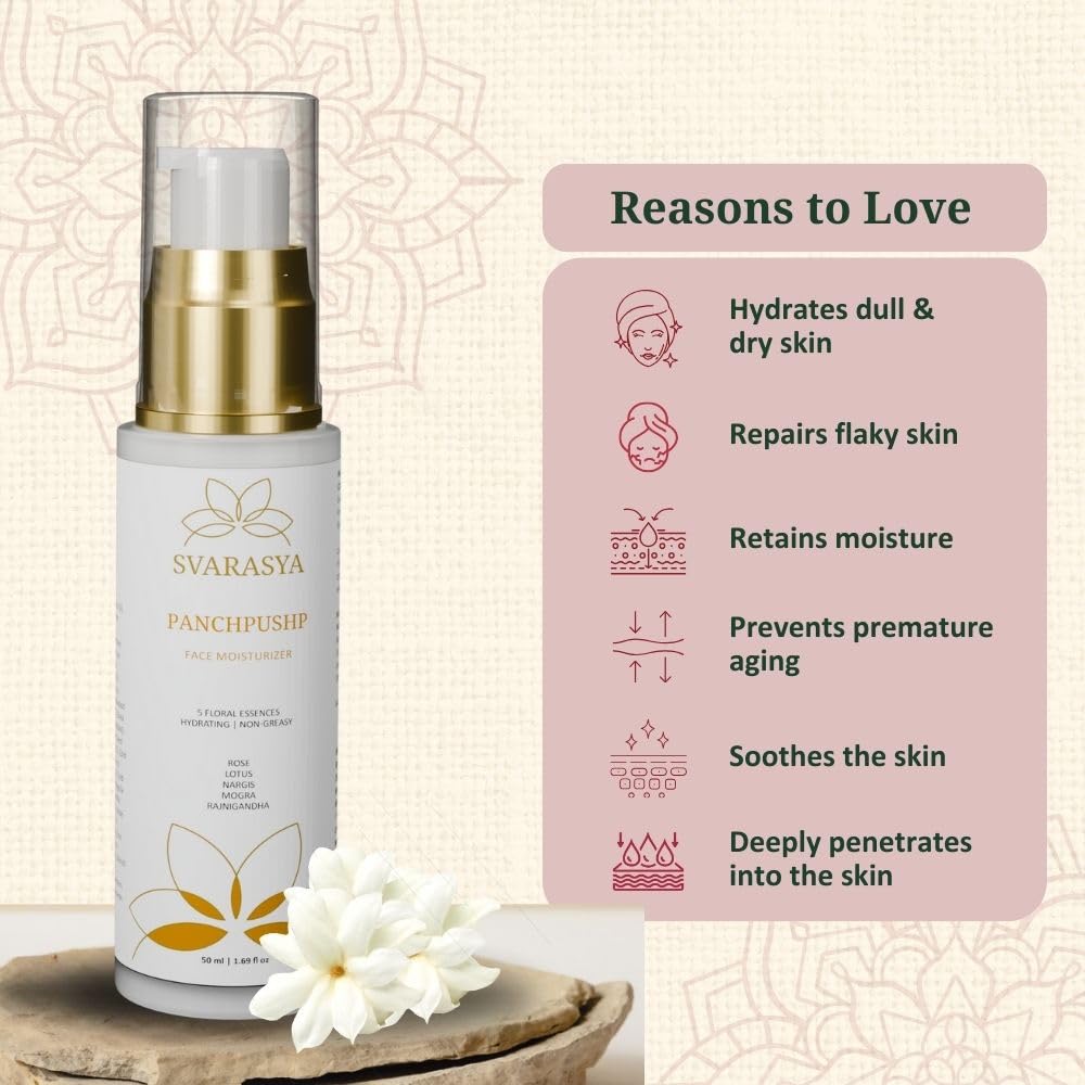 Svarasya Panchpushp - The Ancient Skin Hydration Lotion For Face with Natural ingredients | Retaines moisture upto 8 hours | Hydrates dull and dry skin | Non-greasy, lightweight, and dewy finish | For soft & glowing skin (Moisturizer, 50 Ml)