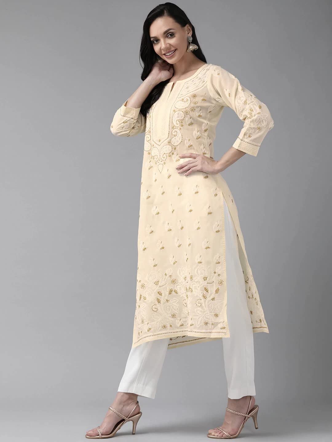 Ada Hand Embroidered Lucknowi Chikankari Straight Cotton Kurti Kurta for Women A220999 White 2XL
