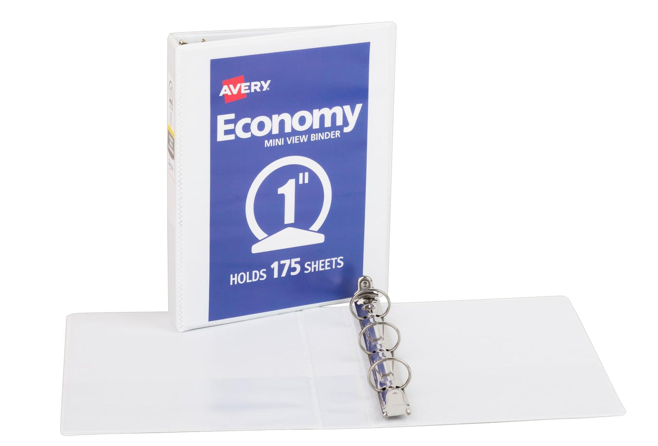 Avery Mini Economy View 3 Ring Binder, 1" Round Rings, Holds 5.5" x 8.5" Paper, 1 White Binder (05806)