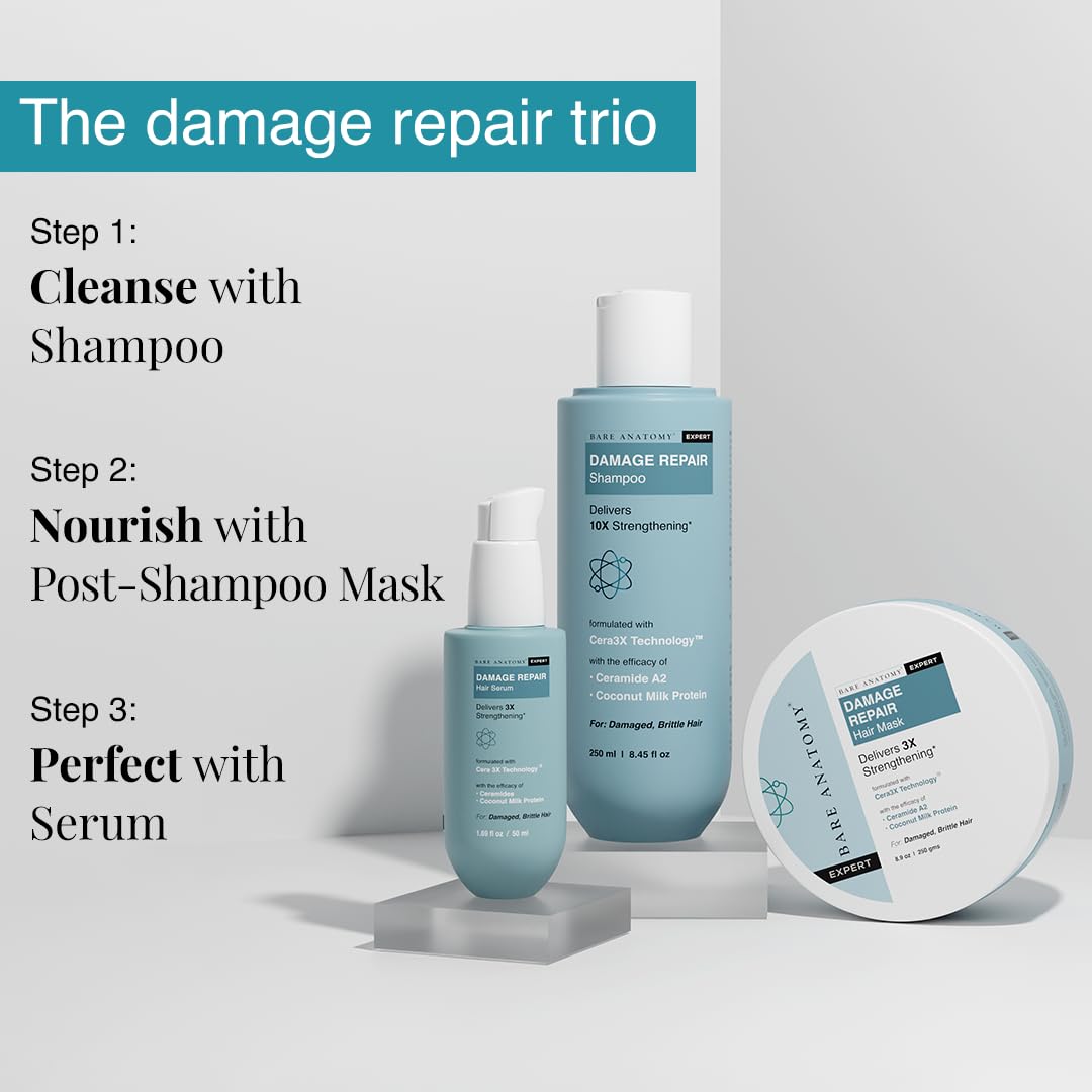 Bare Anatomy Damage Repair Hair Shampoo | Provides 10x Strengthening Powered By Ceramide A2 & Coconut Milk Protein | For Damaged, Dry & Frizzy Hair | Sulphate & Paraben Free | For Women & Men | 250ml