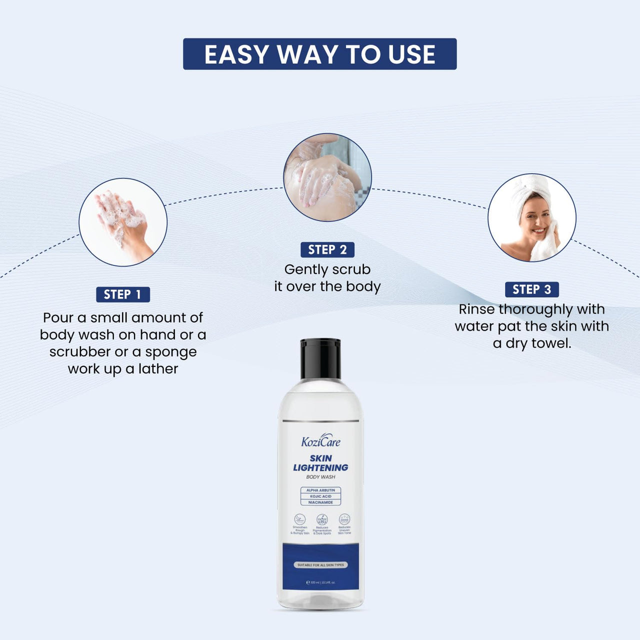 Kozicare Soap Skin Lightening Body Wash Gel | Alpha Arbutin, Niacinamide & Kojic Acid Body Wash | Helps Reduces Pigmentation, Dark Spots & Uneven Skin Tone | Body Wash for Men & Women - 300 Ml (Pack of 3)