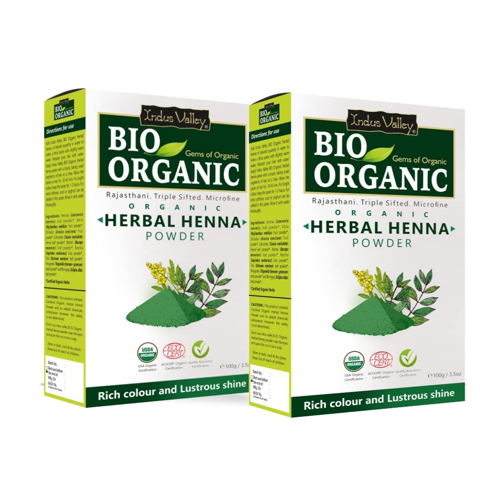 Indus Valley Bio Organic Herbal Henna Powder for Hair |Chemical-Free with Tulsi, Amla, Shikakai, Reetha, Fenugreek, Cassia & Bhringraj | Fortifies Hair Health | 200g (2 x 100g)