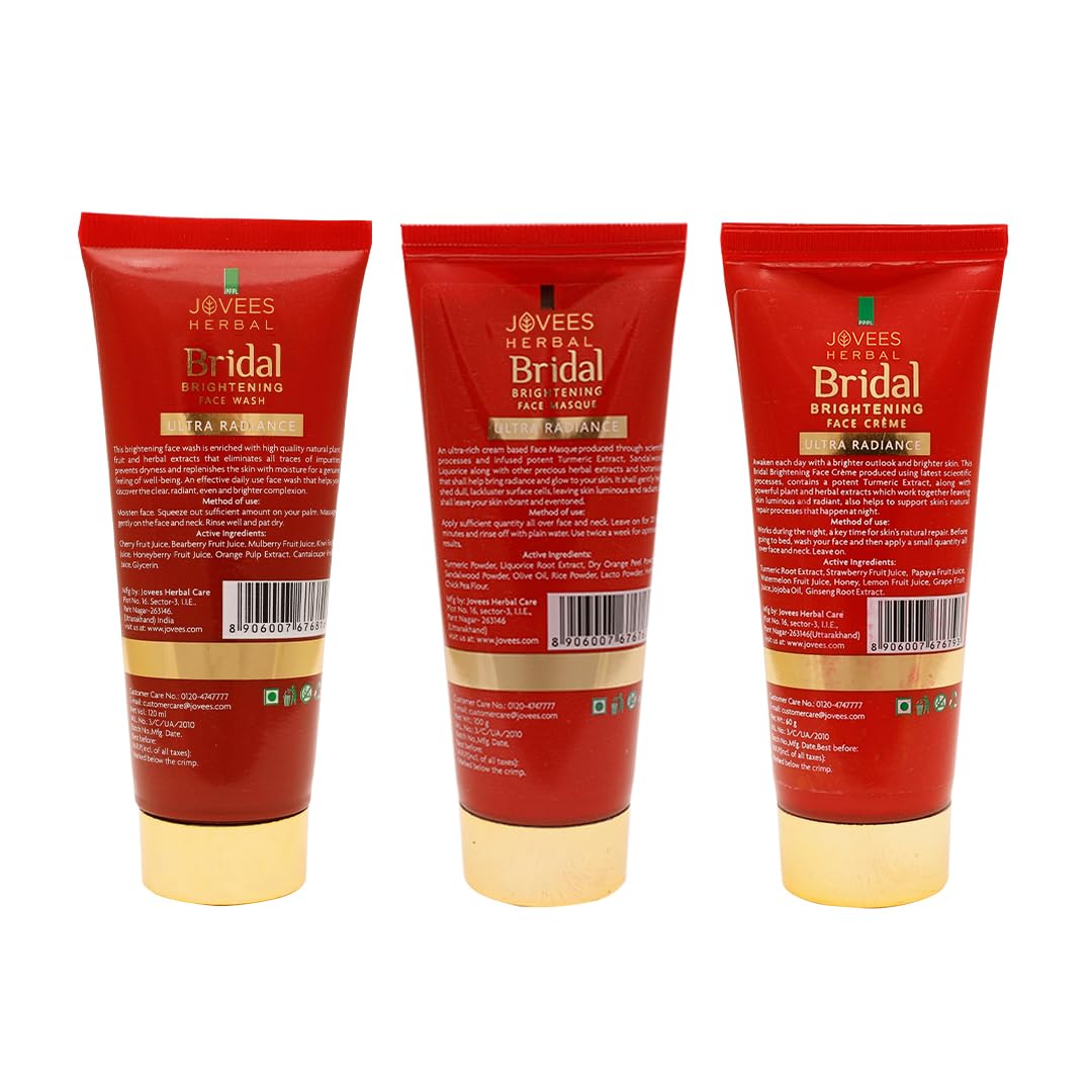 Jovees Herbal Bridal Combo (Bridal Face wash 120ml + Bridal Face Masque 100g + Bridal Creme 60g) For Natural Glow and Brightness (3 Items in the set)