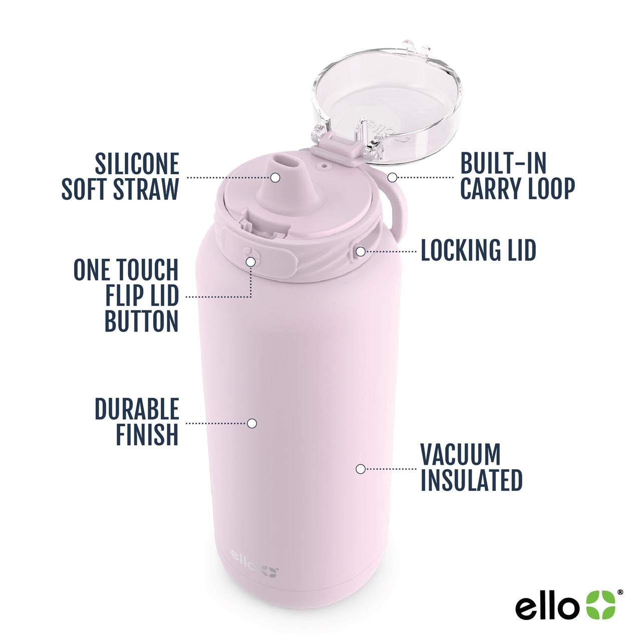 Ello Cooper 22oz Stainless Steel Water Bottle with Straw and Carry Handle, Double Walled and Vacuum Insulated Metal, Leak Proof Locking Lid with Soft Silicone Spout, Reusbale, BPA Free, Cashmere Pink
