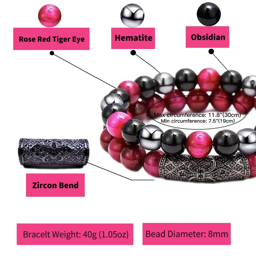 2Pcs Triple Protection Bracelet,Natural Tigers Eye Black Obsidian and Hematite 8 MM Beads Bracelet for Men Women Gift, Healing Crystal Bracelet Bring Luck and Prosperity and Happiness (Rose Red) Rose Red