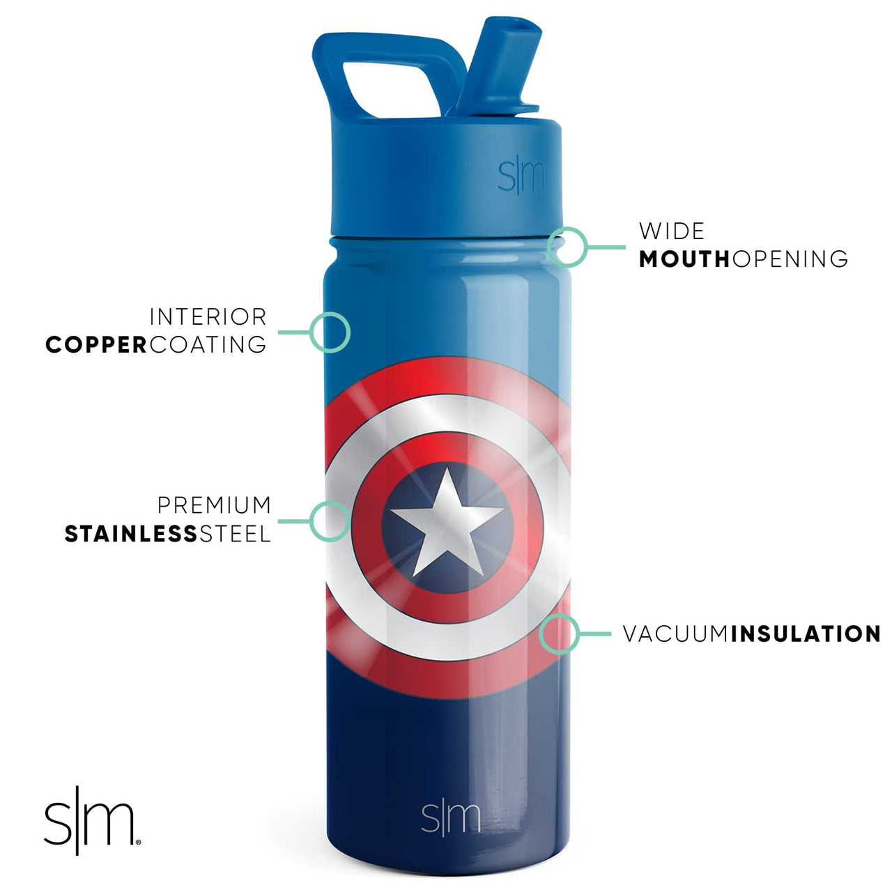 Simple Modern Marvel Captain America Water Bottle with Straw Lid | Insulated Stainless Steel Reusable Tumbler Gifts for Teenagers, Men | Summit Collection | 18oz, Captain America 18oz Water Bottle Marvel-Captain America Shield
