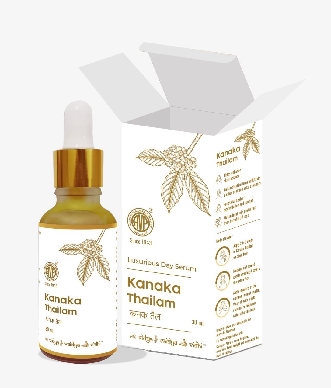 AVP Kanaka Thailam 30ml, Day Serum Helps reduce Pigmentations, Sun-Tan, UV Protection For Men and Women Infused with Beauty Berry and Sandalwood, Ayurvedic Herbal Face Oil,
