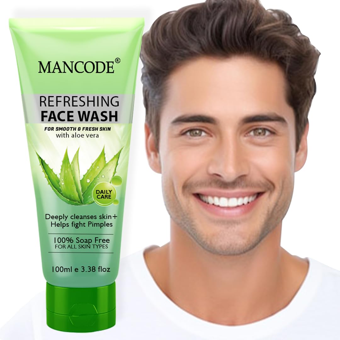 Mancode Refreshing Face Wash 100ml with Aloe Vera | Deep Cleansing & Pimple Fighting | Removes Dirt & Oil for Smooth, Fresh Skin | 100% Soap-Free Face Wash for Men & Women