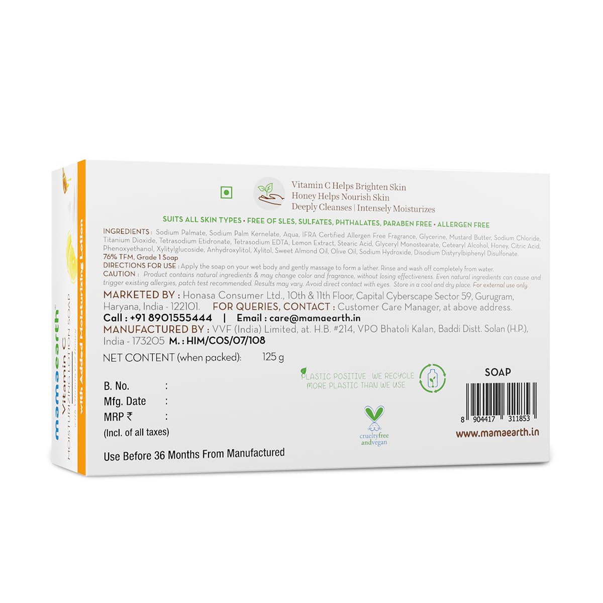 Mamaearth Vitamin C Moisturizing Lotion Soap with Vitamin C & Honey for Skin Illumination-125g|Benefits of Lotion in a Soap|Deeply Cleanses|Brightens Skin|Nourishes Dry Skin|Non-Drying|76% TFM Grade 1