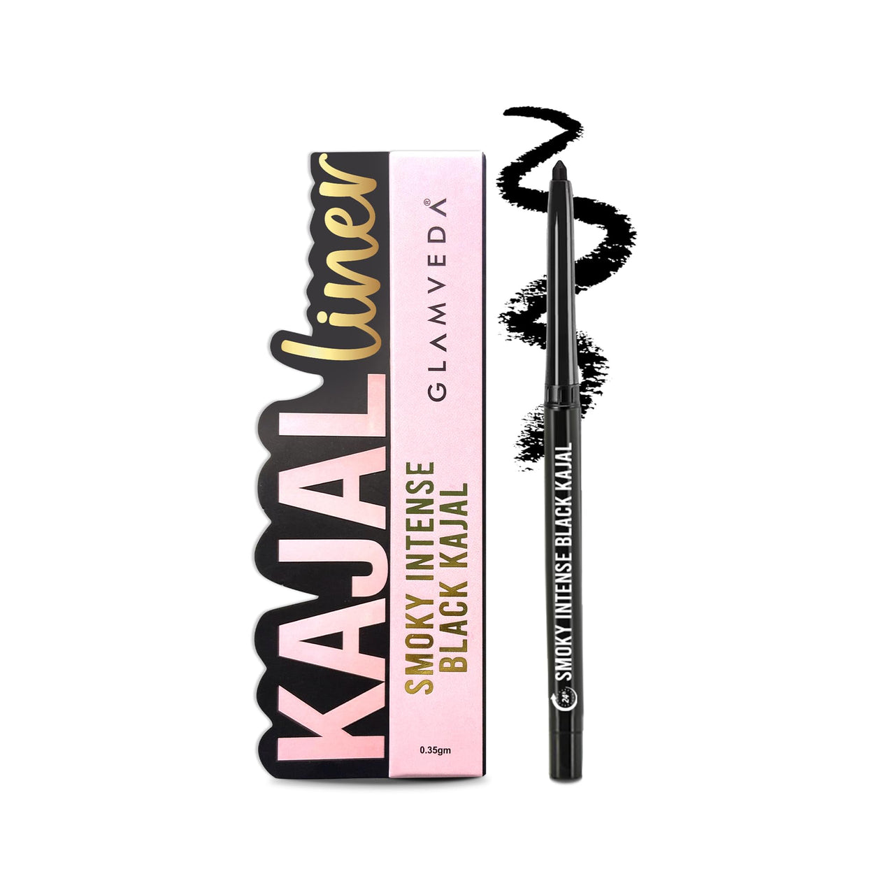 Glamveda Smoky Intense Black Kajal - 0.35g | 24-Hour Long Stay | One-Stroke Smooth Application | Waterproof, Smudgeproof & Sweatproof | Rich Intense Black Pigment | Suitable for Sensitive Eye