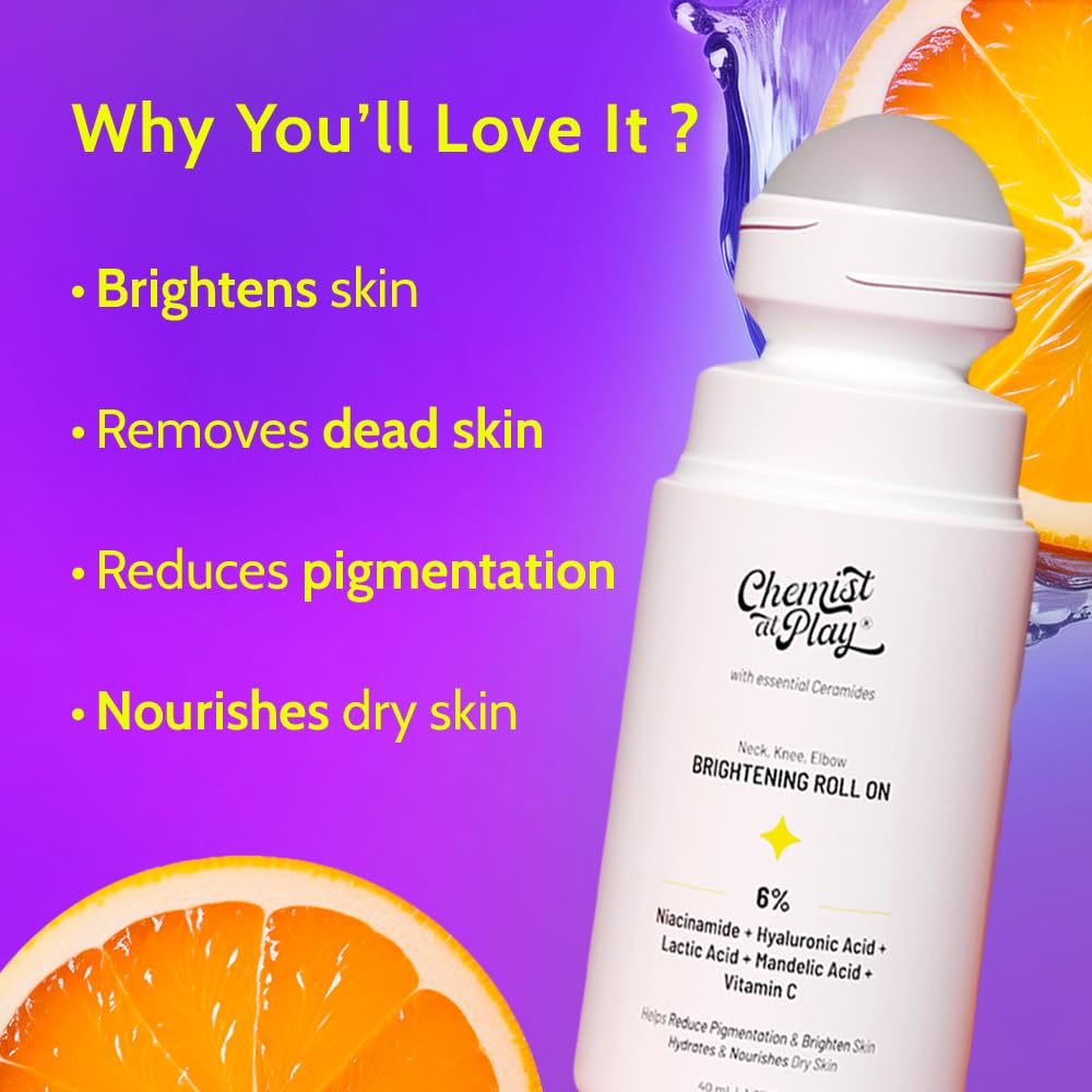 Chemist at Play Brightening Roll On For Neck, Knee & Elbow With 6% Vitamin C+ Hyaluronic Acid, AHAs, Niacinamide, & Ceramides | Helps Reduction in Pigmentation & Hydrates Dry Skin | 40ml