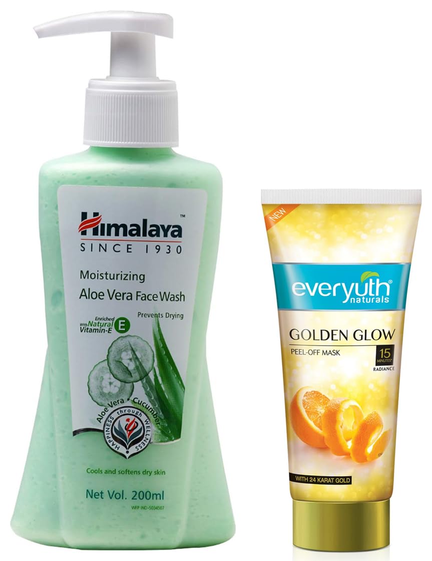 Himalaya Moisturizing Aloe Vera Face Wash, 200ml and Everyuth Naturals Advanced Golden Glow Peel-off Mask with 24K Gold, 90g