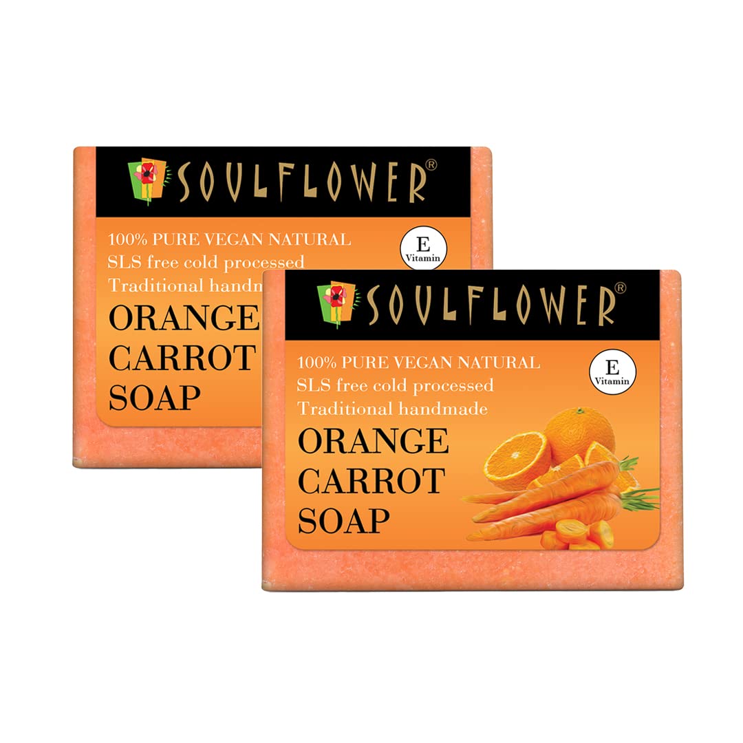 Soulflower Orange Carrot Handmade Soap 100% Natural, Cold-Processed Bath Bar with Essential Oils for Brightening Skin Tone, 150g (Pack of 2)