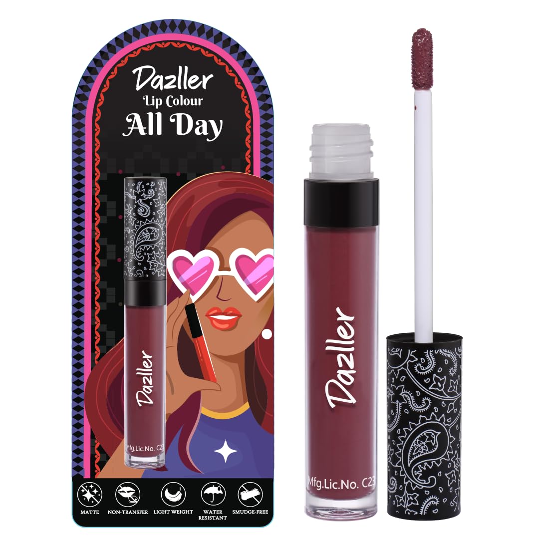DAZLLER All Day Lipcolour|Moisturizing Kokum Butter|Non-Transfer & Smudge-Proof|8Hr Stay|Matte Liquid Lipstick for Women|Dlc027 Black Honey|6G