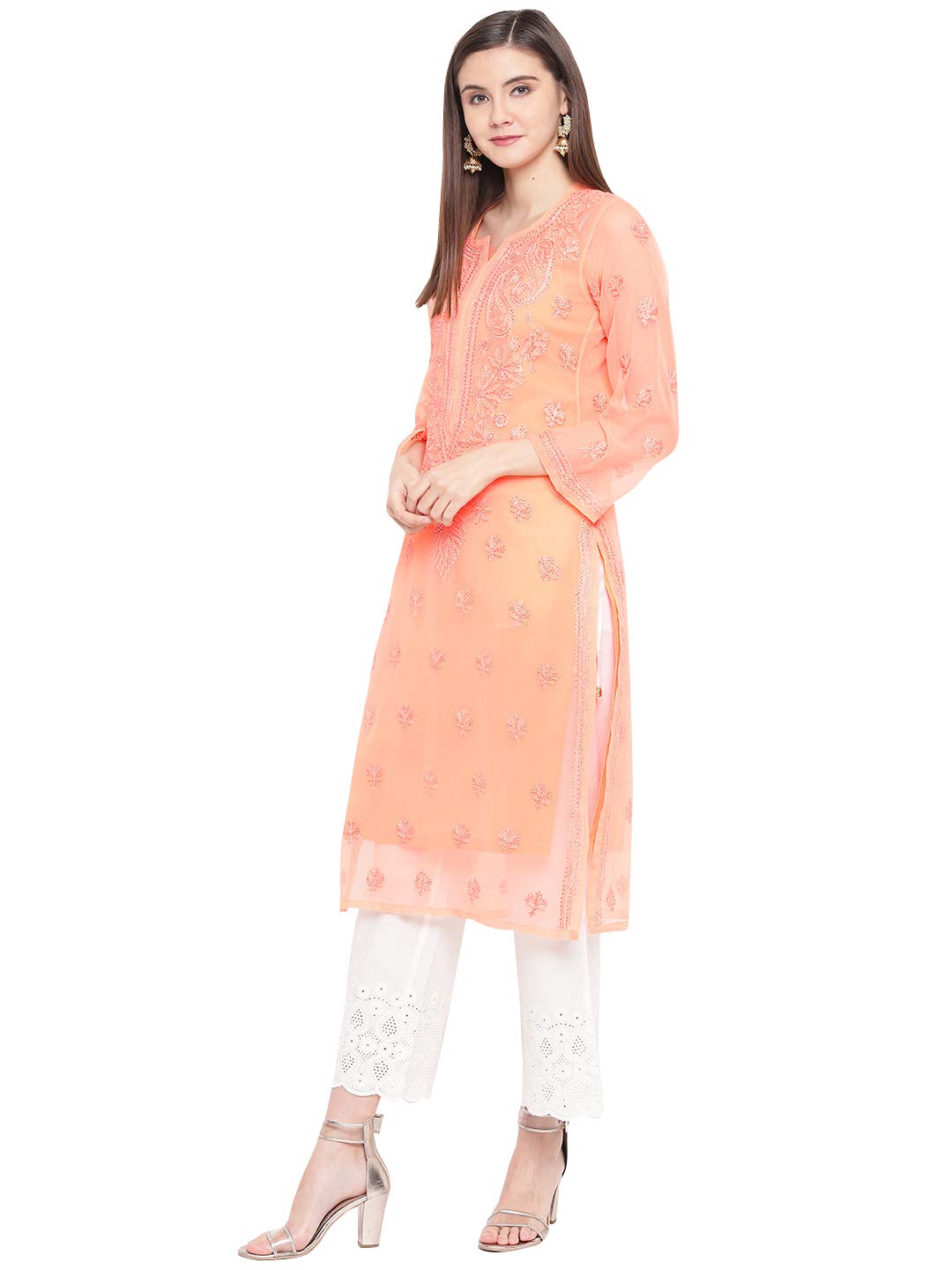 Ada Lucknowi Hand Embroidered Chikankari Women's  Georgette Kurta Kurti with Slip