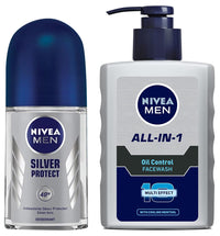 Nivea Deodorant Roll On, Silver Protect for Men, 50ml And Face Wash, Oil Control, 10x Vitamin C for Men, 150ml