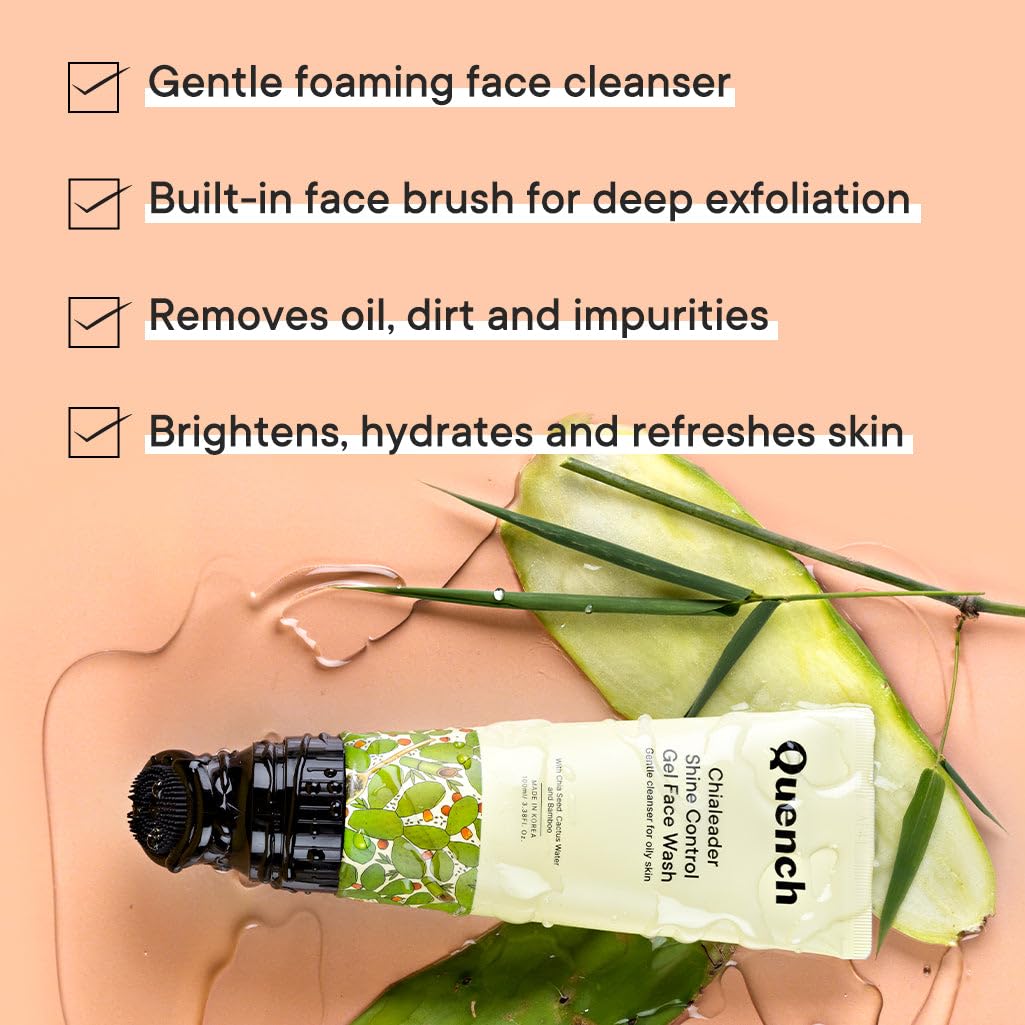 Quench Shine Control Gel Face Wash with In-built Silicone Brush | Korean Face Wash for Oily Skin | Controls Excess Oil & Reduces Blackheads | Made in Korea (100ml)