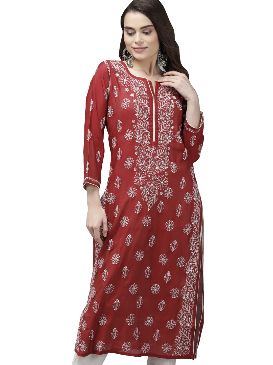 Ada Hand Embroidered New Lucknowi Chikankari Chanderi Kurta Kurti for Women A411175