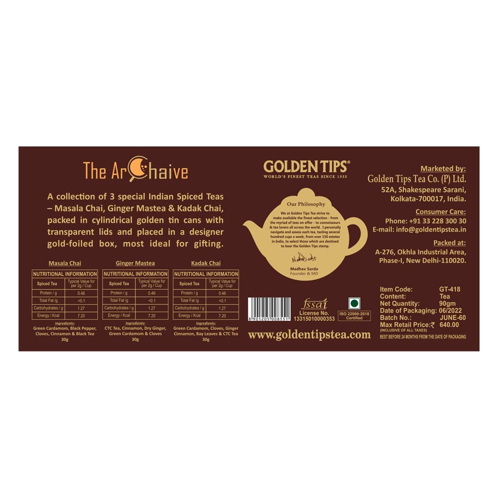 Golden Tips Luxury Tea Gift Pack, 3 Flavor Chai Sampler with Masala, Ginger & Kadak Chai, Exquisite Packaging for Festive Gifts, Weddings, Birthdays & Celebrations"
