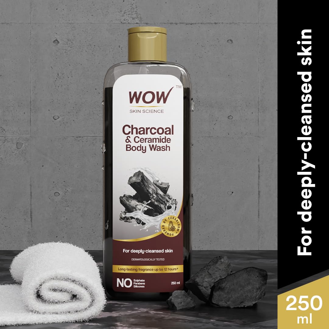 WOW Skin Science Charcoal & Ceramide Body Wash | Clears Skin Impurities | Removes Dirt & Dead Skin | Hydrates and Softens | Detoxifies Skin | Has Long lasting Fragrance | Powered by Cerabloom | 250ml