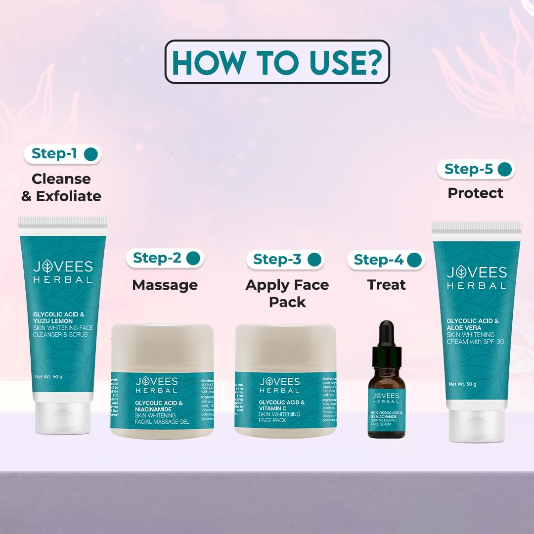 Jovees Herbal Glycolic Acid & Niacinamide Whitening Facial Kit For Brighter & Hydrated Skin | Kit for Improves Uneven Skin Tone, Dark Spots & Dullness 215g (Multiple Use)