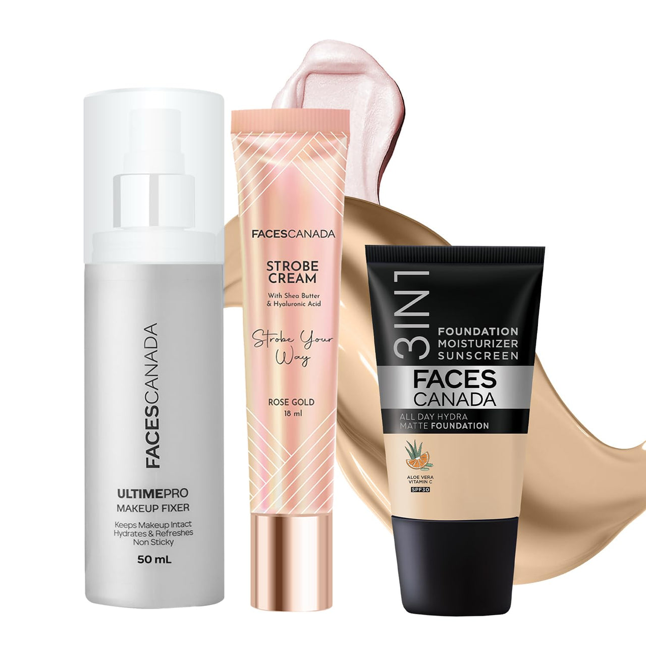 FACES CANADA Always On Glow Combo - All Day Hydra Matte Foundation - Absolute Ivory 012 (18 ml) + Strobe Cream - Rose Gold (18 ml) + Ultime Pro Makeup Fixer (50 ml) | Illuminating & Glowing Makeup Base | Long Lasting Makeup Setting Spray
