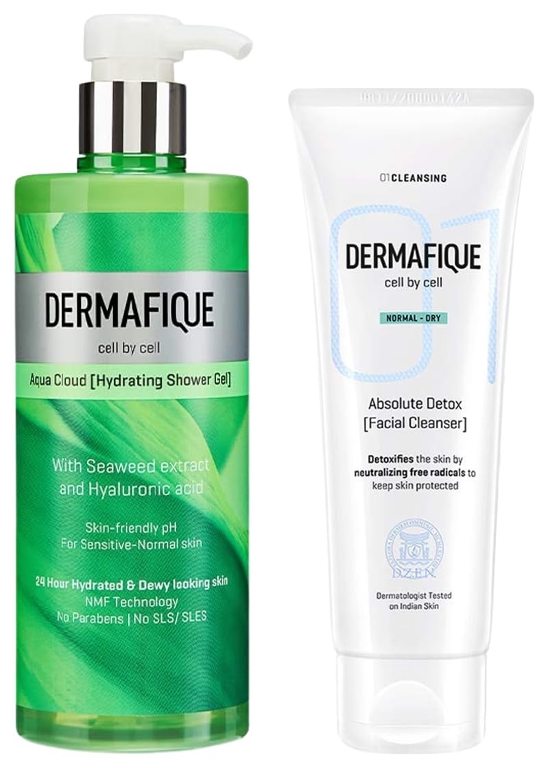 Dermafique Absolute Detox Facial Cleanser – 100ml Fac Aqua Cloud Hydrating Shower Gel – 500ml Body Wash with Seaweed Extracts Hyaluronic Acid Suitable for Sensitive Normal Skin
