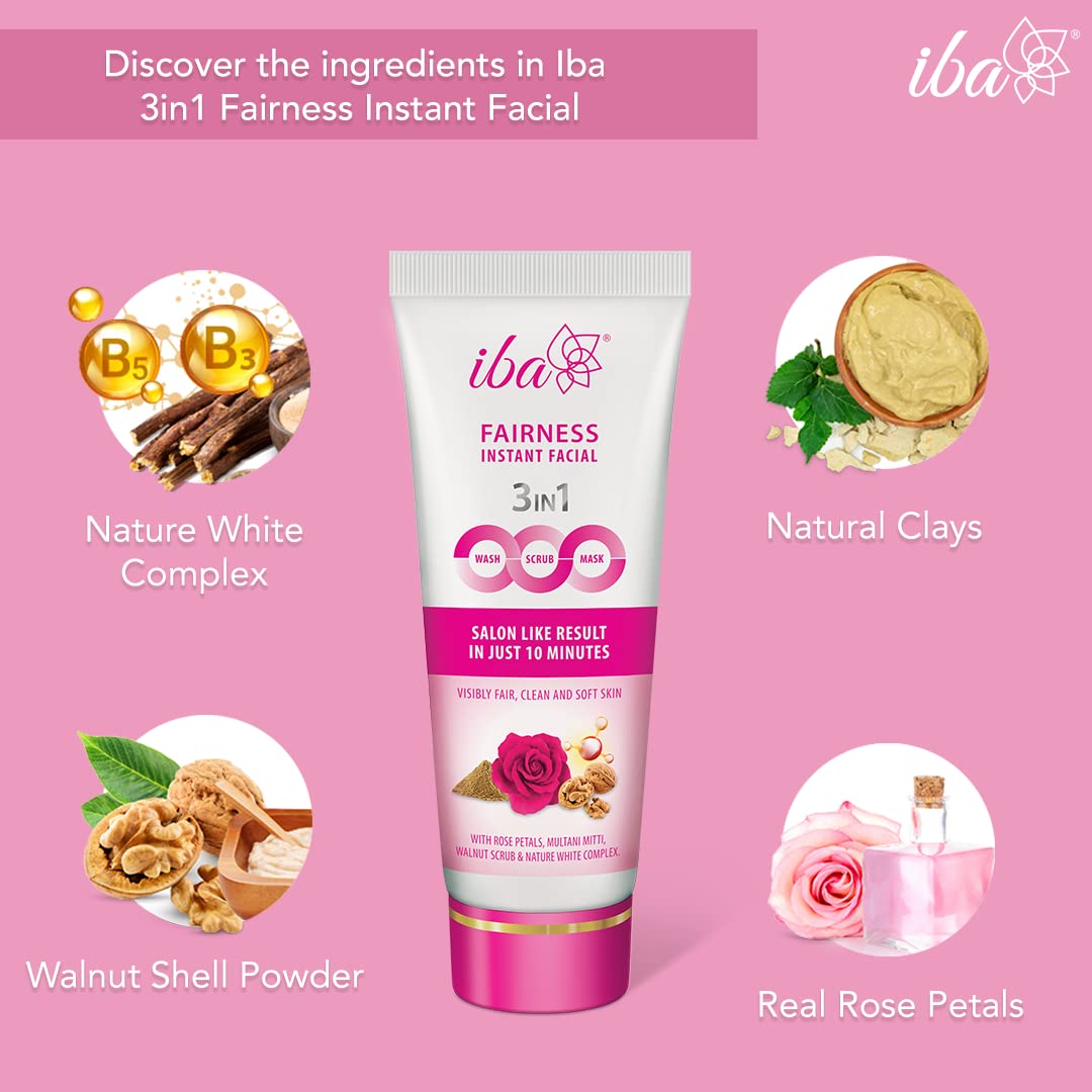Iba 3in1 Wash, Scrub, Mask Fairness Instant Facial 100g with Rose Petals, Multani Mitti & Walnut For Scrub, Removes Tan, Fairness & Brightens Skin, Gives Instant Glow | Halal Certified & Vegan