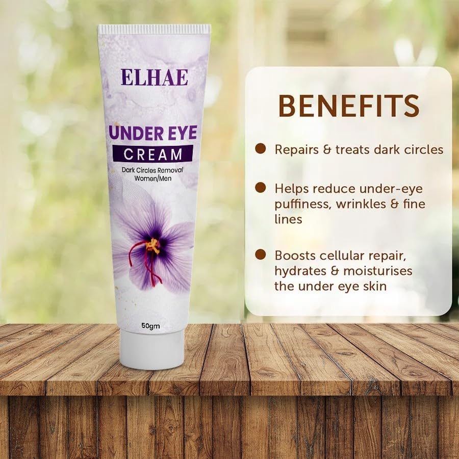 ELAHE Under Eye Cream for Dark Circles - Gel-Based, Organic & Natural with Saffron, Almond, Turmeric, Aloe - Anti-Puffiness, Wrinkle Care & Brightening for Women & Men - 50g