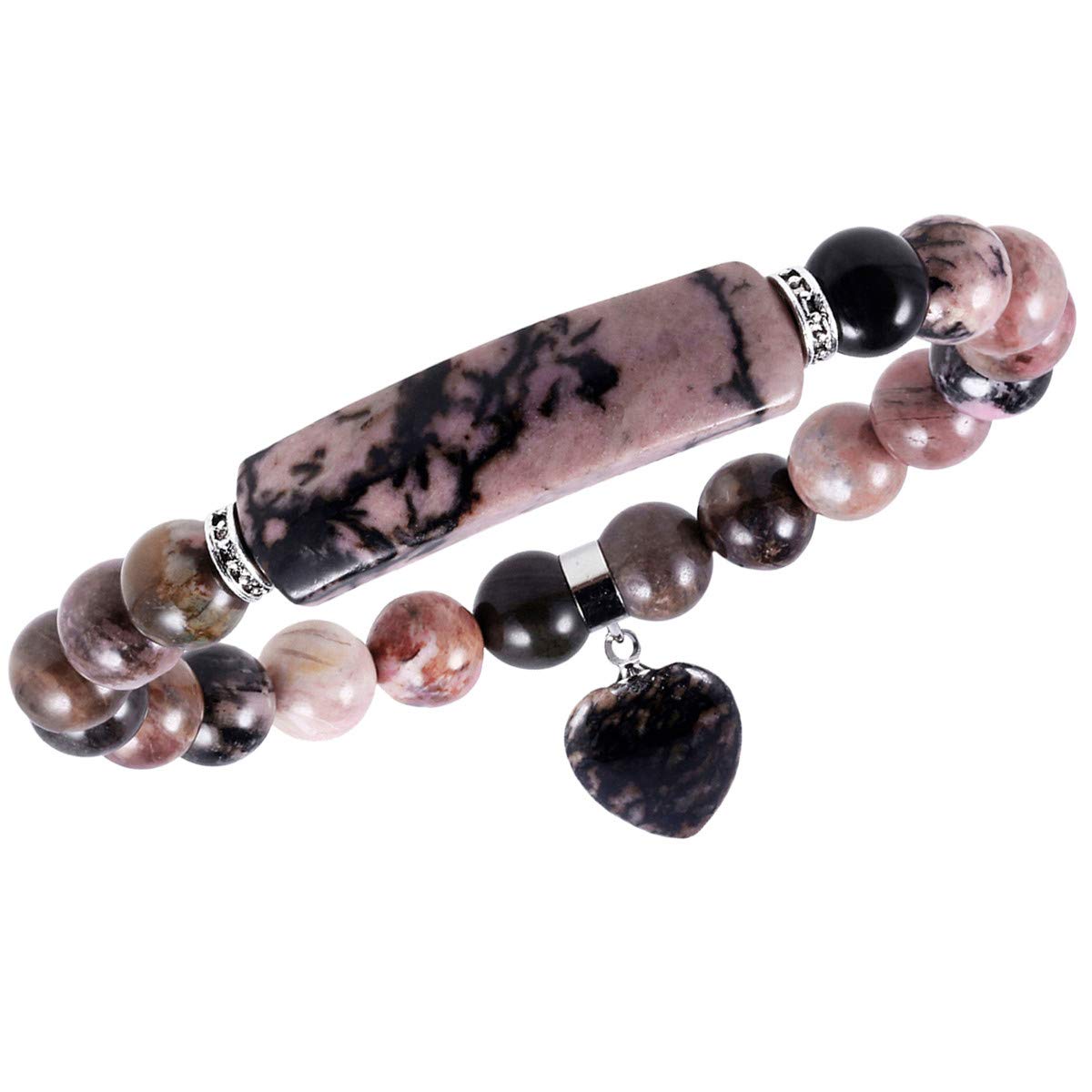 TUMBEELLUWA Healing Stone Bracelet 8mm Beads Chakra Crystal Energy Heart Charm Bracelet Handmade Jewelry for Women rhodonite crystal stone
