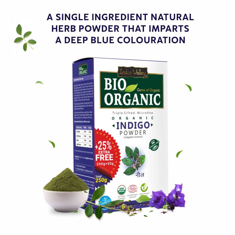 Indus Valley Bio Organic 100% Organic and Herbal Indigo Powder, for Natural Hair Coloring, Arrests Early Greying & Protects hair from Damage - 250g