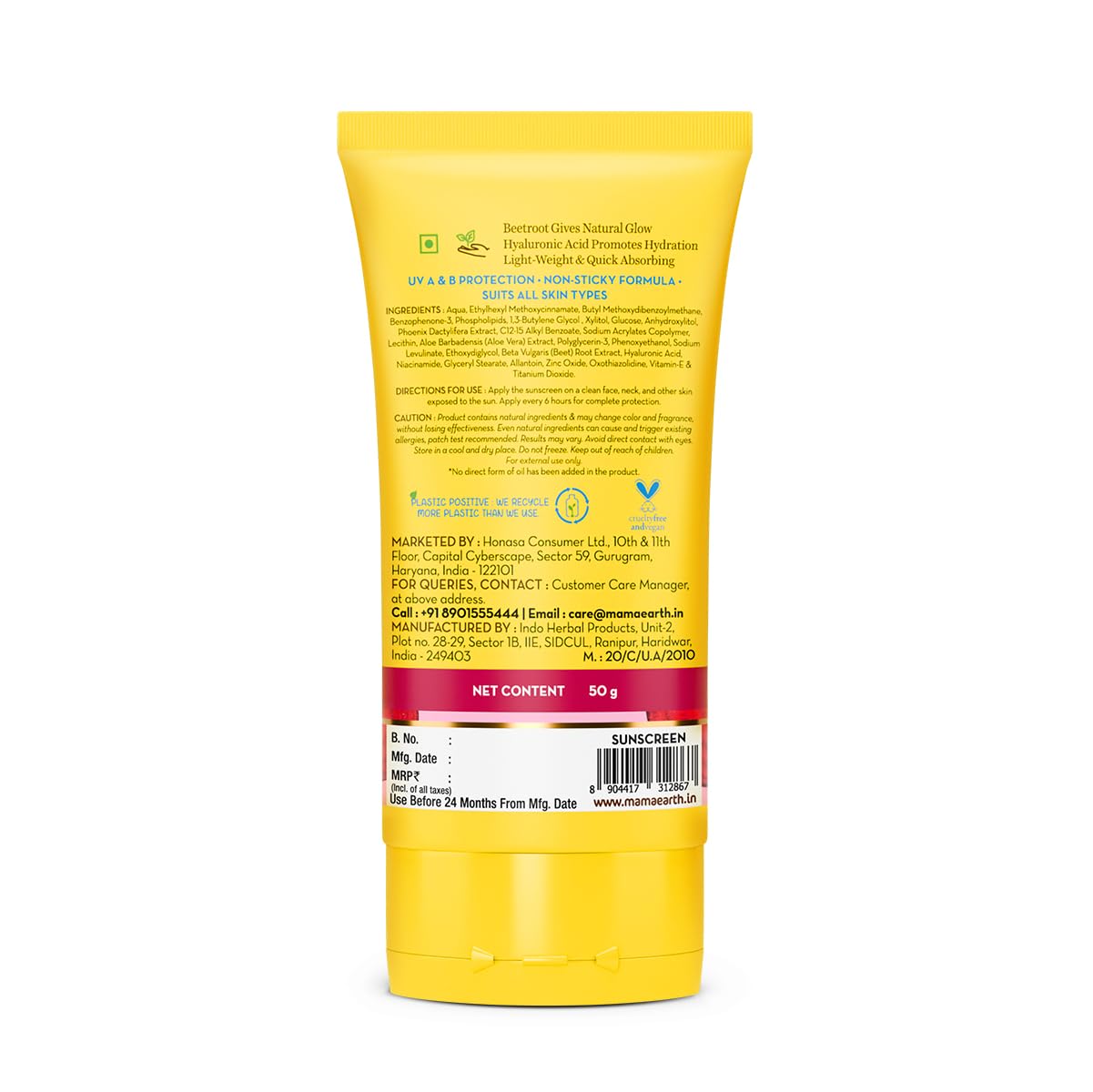 Mamaearth Beetroot Hydraful Sunscreen With Hyaluronic Acid - 50 g |SPF 50 & PA++++ | UVA & B Protection | Hydrates Skin | For Oily, Combination & Dry Skin | No white cast