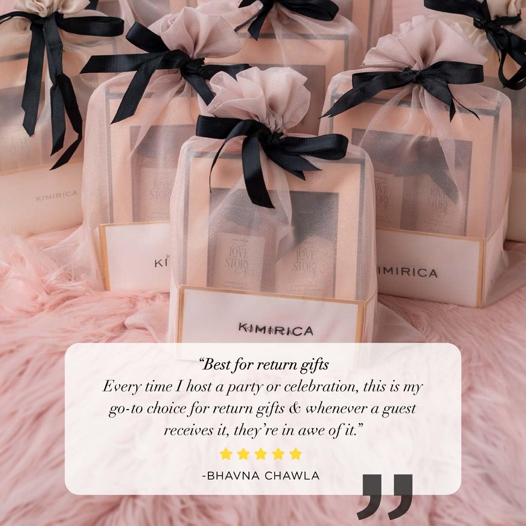 Kimirica gift set "Nothing But Love Duo" Potli | Return Gift for all Birthday & Special Occasions | Romantic notes of Gardenia and Night Blooming Jasmine Shower gel, Body lotion & Loofah Inside (Pack of 5)