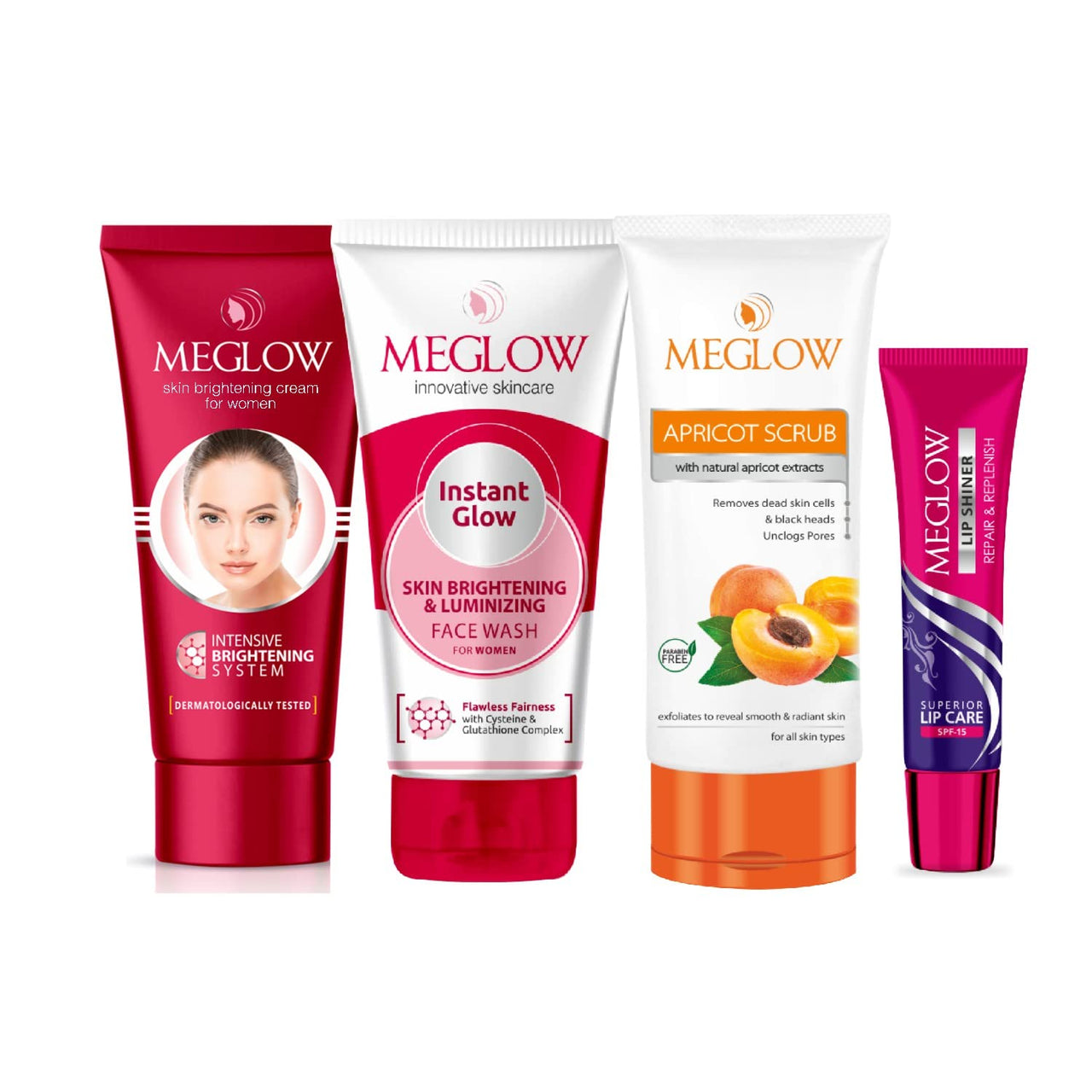 Meglow Skincare Combo Pack of 4- Women's Face Cream (50g) with Vitamin E and Natural Extracts | Instant Glow Face Wash (70g) | Apricot Scrub (70g) with Wallnut Shell Beads| Lip Shiner (15g) For Moisturized Lips | Paraben Free | For Glowing Skin