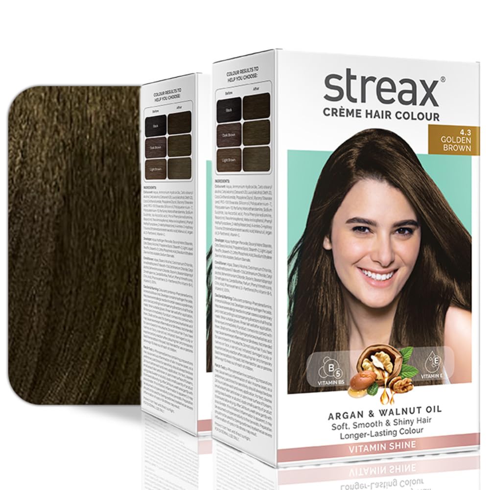 Streax Permanent Hair Colour, 100% Grey coverage, Infused with Argan and Walnut Oil, Long Lasting Cream Hair Colour for Women, Brown Hair Colour, 4.3 Golden Brown, 120 ml, Pack of 2