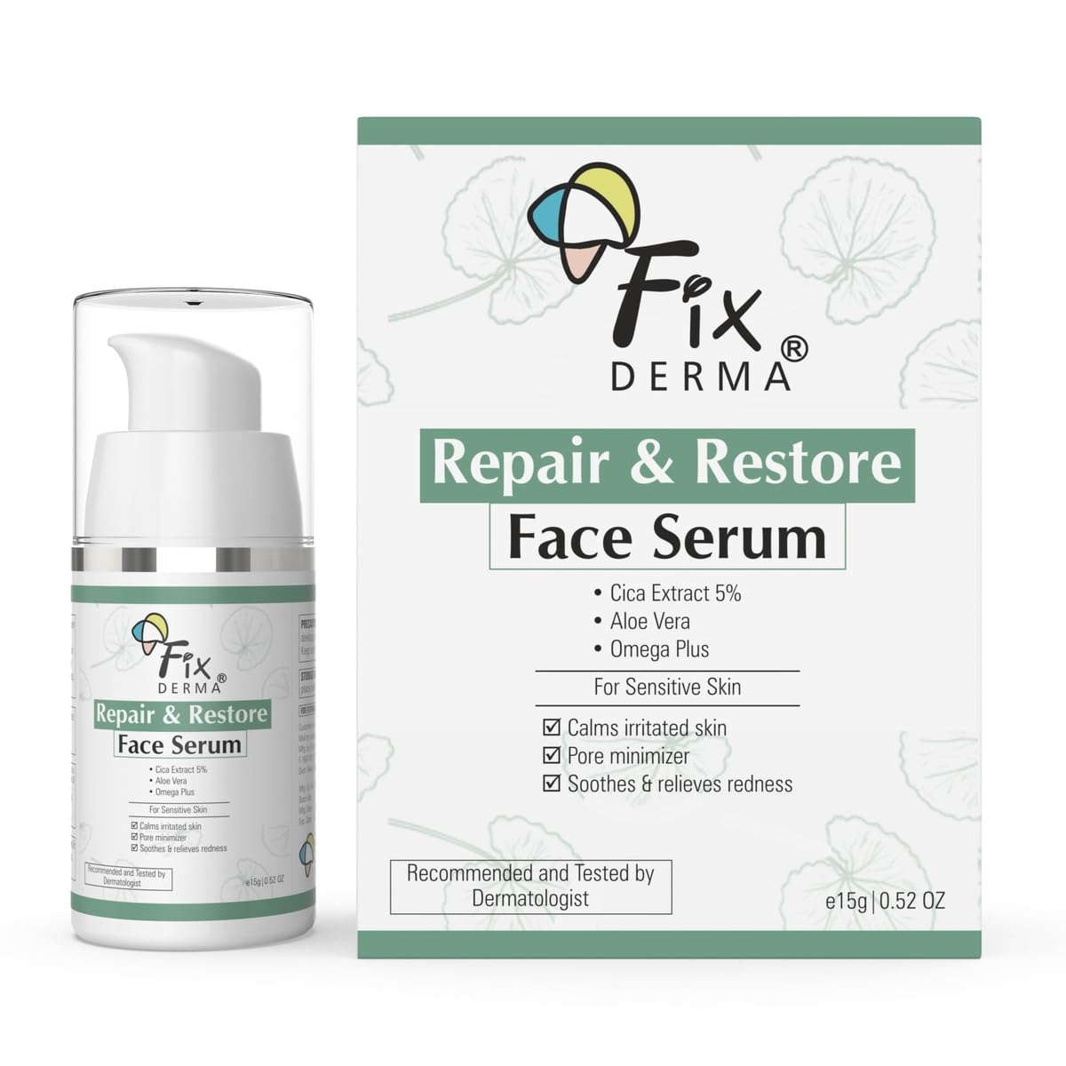 Fixderma 5% Cica Extract Repair & Restore Face Serum for Sensitive Skin with Aloevera | Barrier Repair Serum with Cica & Omega Plus for Men & Women - 15g
