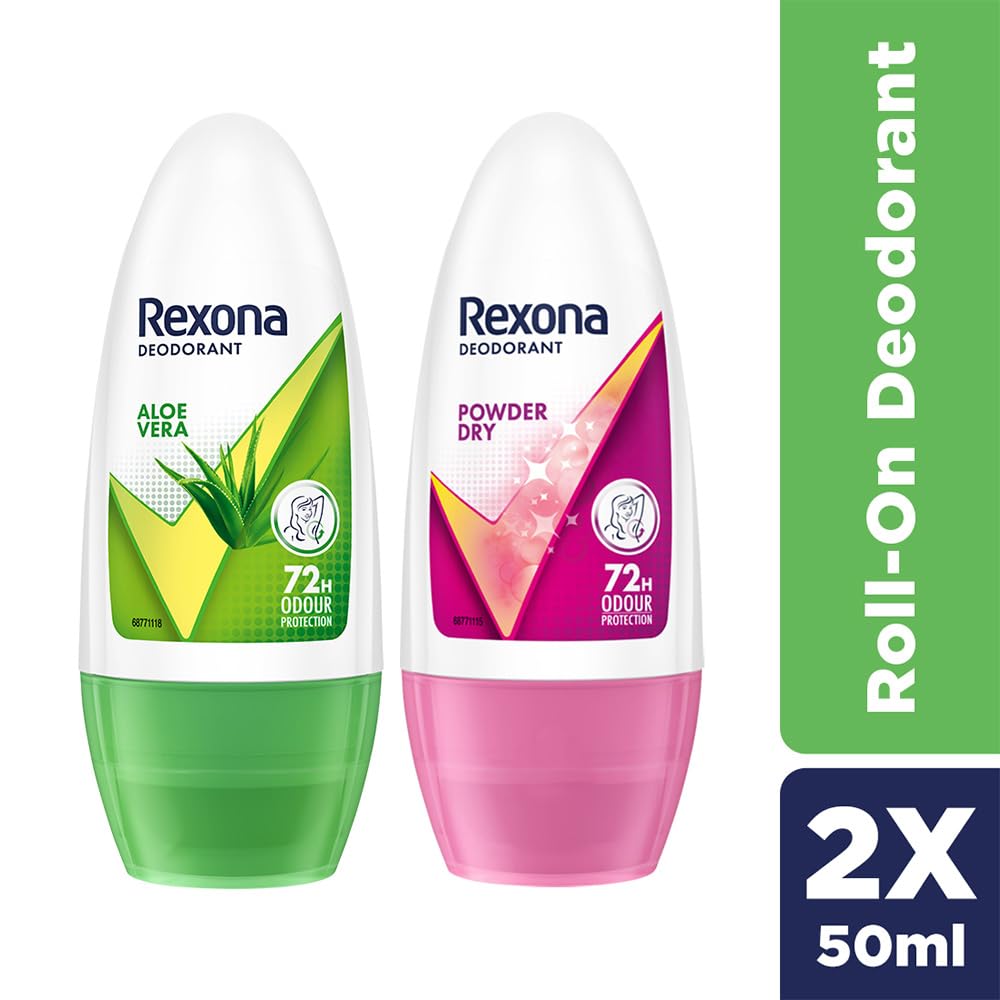 Rexona Aloe Vera Underarm Roll On Deodorant for Women, 50ml and Powder Dry Underarm Roll On Deodorant for Women, 50ml