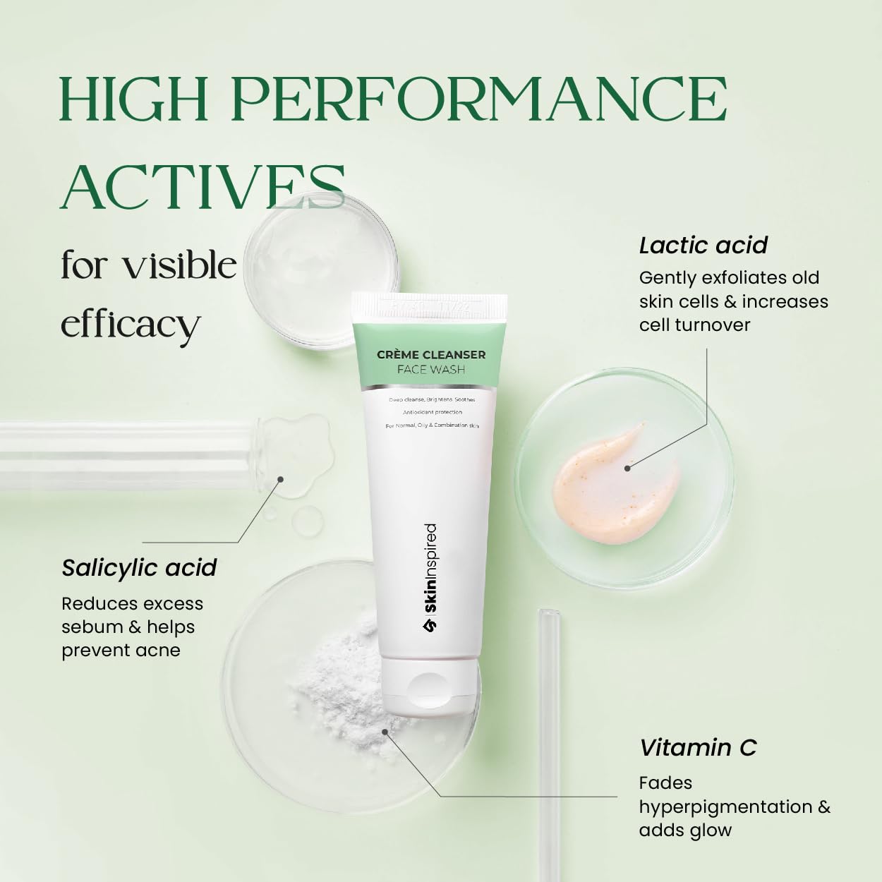 SkinInspired Crème Cleanser For Oily Skin Facewash | Complete Cleansing | Skin Brightening | Moisturising | For Normal, Combination, Oily & Acne-Prone Skin | Salicylic Acid + Lactic Acid + Vitamin C | 70 ml