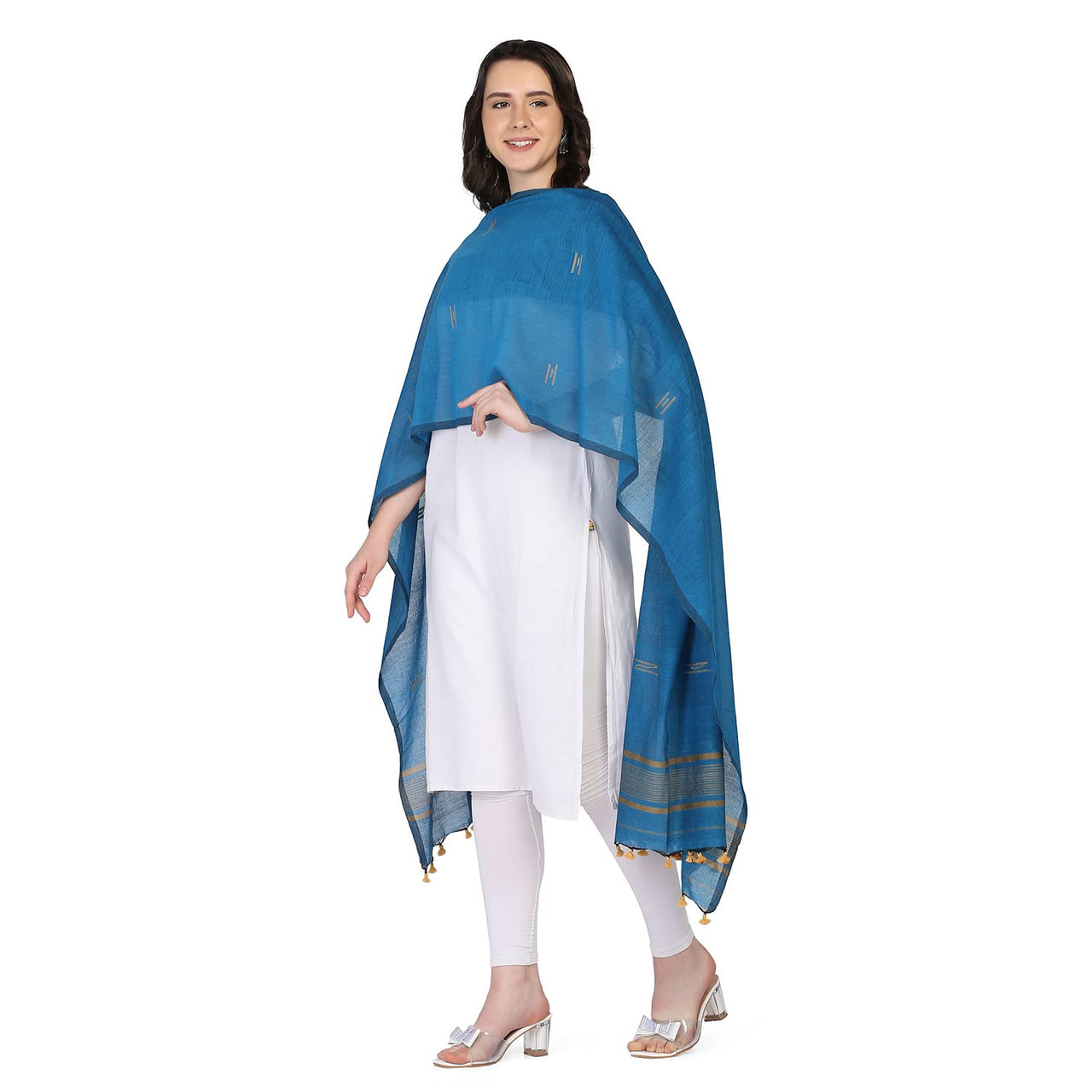 THE WEAVE TRAVELLER Handloom Hand Woven Cotton Buti Dupatta for Women With Pom Pom Edgings
